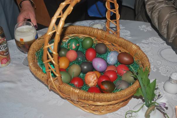 A basket full of colored eggs

Description automatically generated